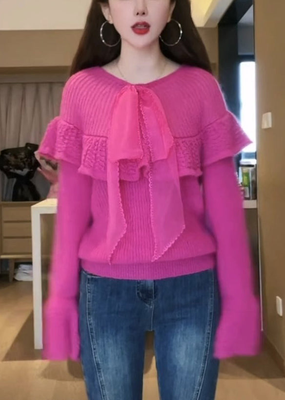 Rose O-neck Bow Cozy Cotton Knit Sweaters Flare Sleeve