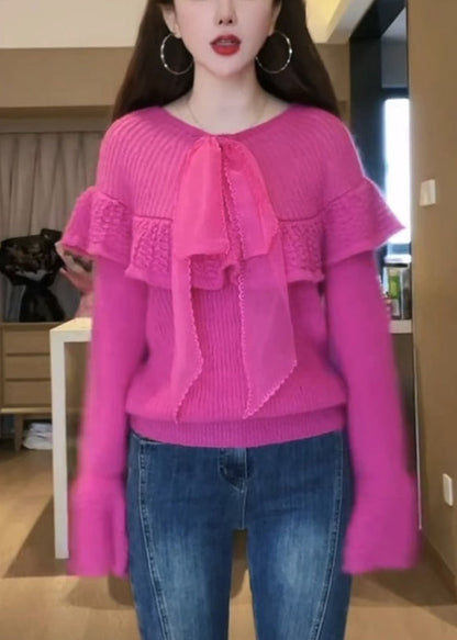 Rose O-neck Bow Cozy Cotton Knit Sweaters Flare Sleeve