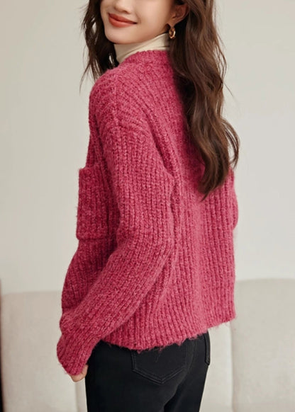 Rose O Neck Button Pockets Cotton Knit Coat Spring