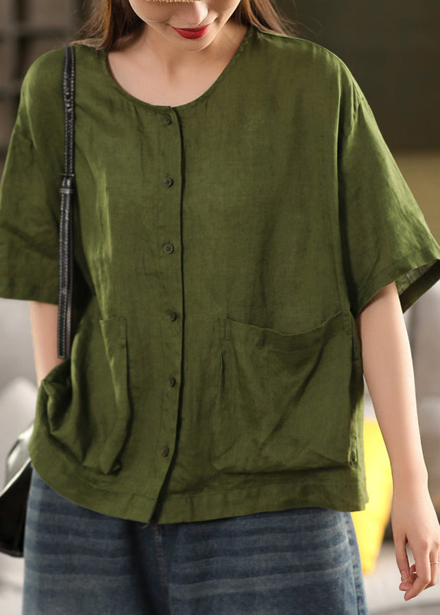 Yellow O Neck Button Pockets Linen Shirt Tops Summer