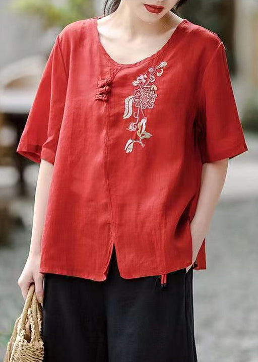 Rose O-neck Side Open Patchwork Cotton T Shirt Summer