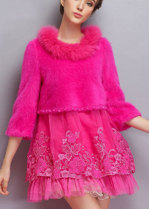 Rose O-neck Tulle Patchwork Winter Long Sweaters Dress