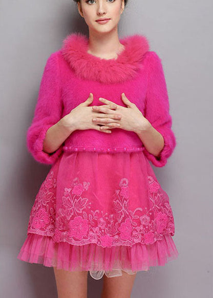 Rose O-neck Tulle Patchwork Winter Long Sweaters Dress