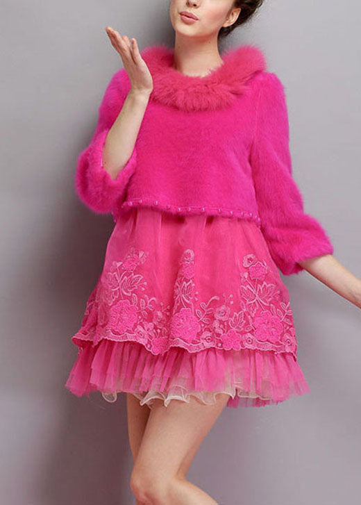 Rose O-neck Tulle Patchwork Winter Long Sweaters Dress