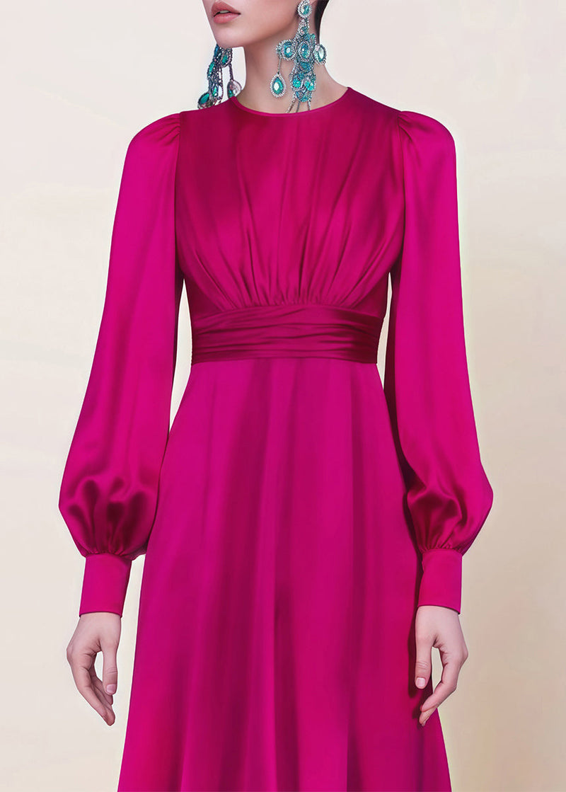 Rose O Neck Wrinkled Silk Dress Lantern Sleeve