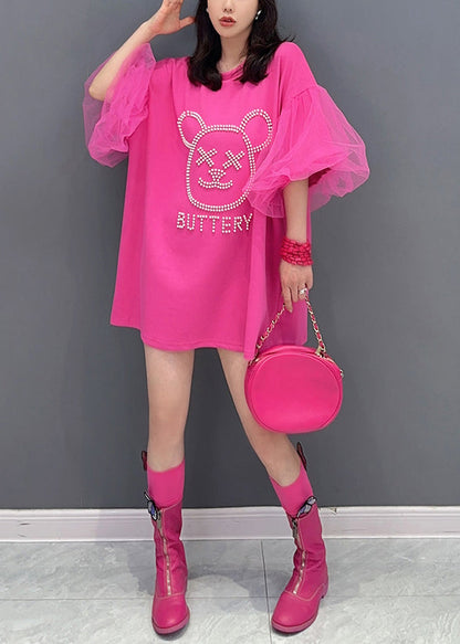 Rose O Neck Zircon Tulle Patchwork Cotton Mid Dress Summer