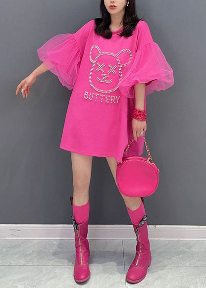 Rose O Neck Zircon Tulle Patchwork Cotton Mid Dress Summer