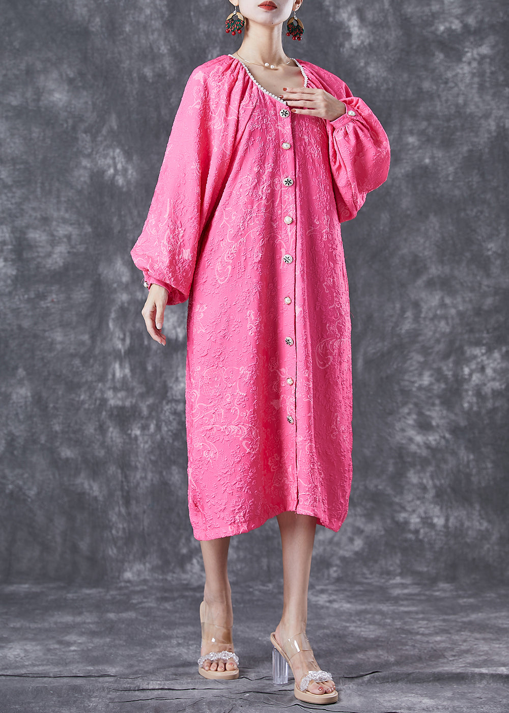 Rose Oversized Jacquard Cotton Maxi Dress Lantern Sleeve