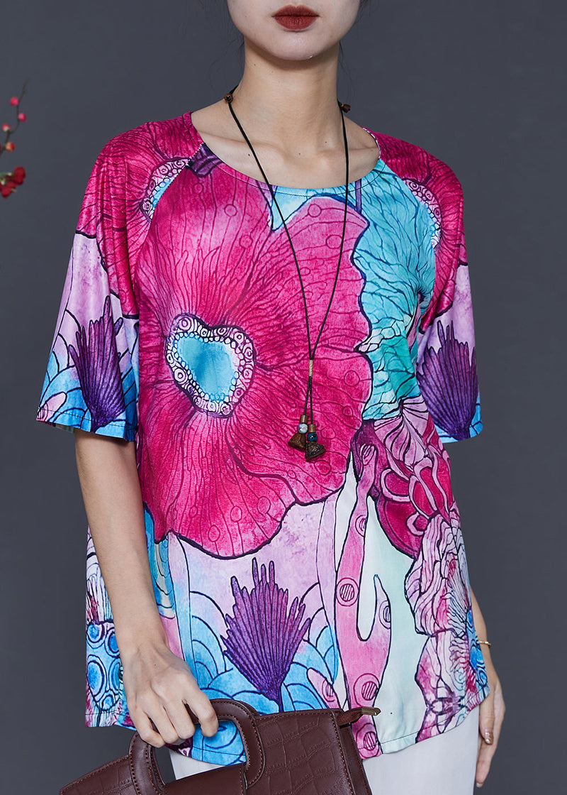 Rose Oversized Print Silk Blouse Top Summer