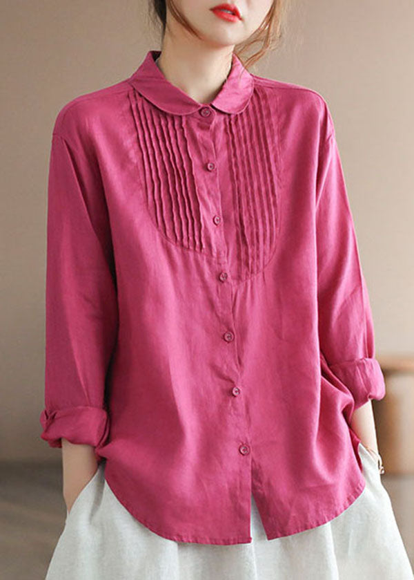 Rose Peter Pan Collar Wrinkled Button Linen Shirt Tops Long Sleeve