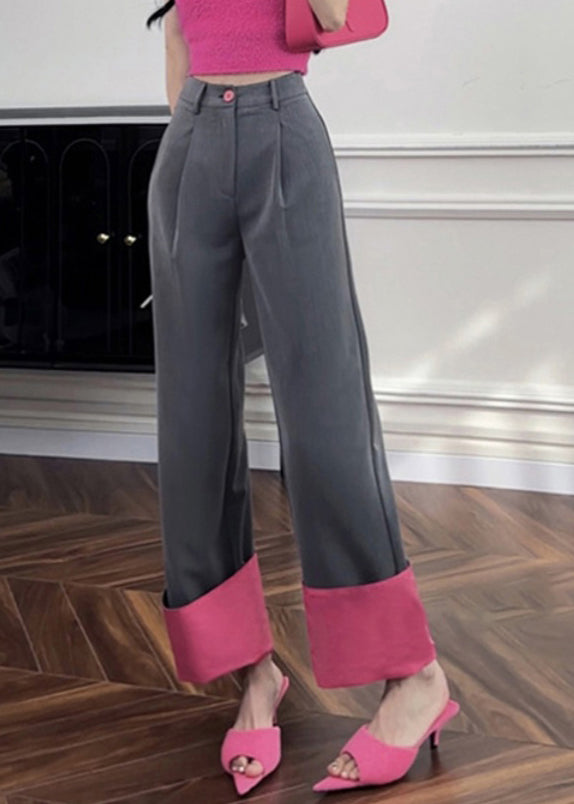 Rose Pockets Patchwork High Waist Straight Pants