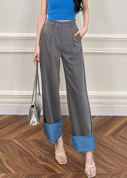 Rose Pockets Patchwork High Waist Straight Pants