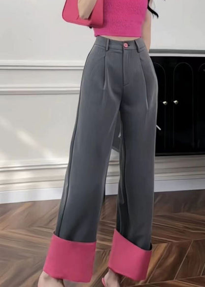 Rose Pockets Patchwork High Waist Straight Pants