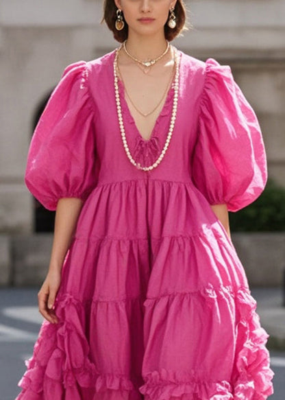 Rose Ruffled Exra Large Hem Cotton Dress Puff Sleeve