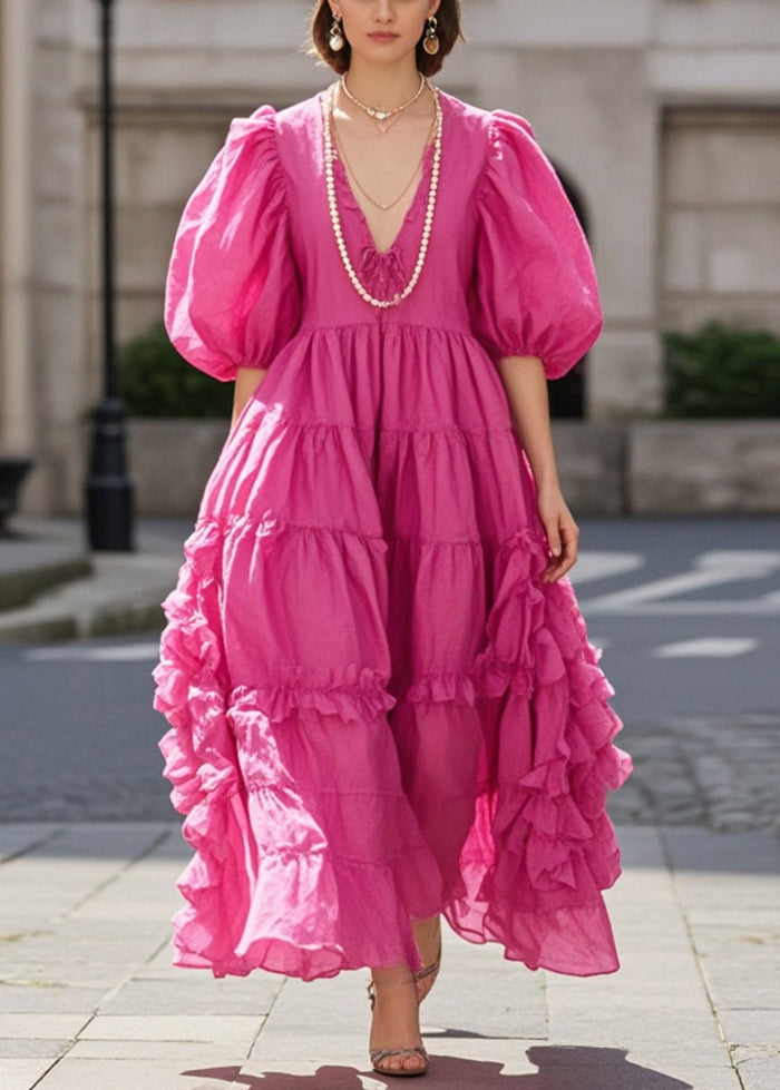 Rose Ruffled Exra Large Hem Cotton Dress Puff Sleeve