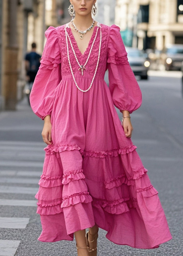 Rose Ruffled Exra Large Hem Cotton Vacation Dresses Spring