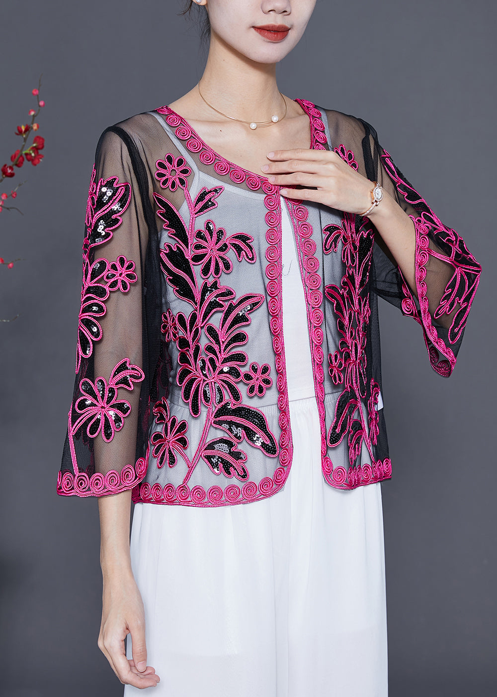 Rose Sequins Hollow Out Tulle Cardigan Summer