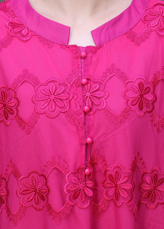Rose Stand Collar Embroideried Hollow Out Tulle Vacation Long Dress Short Sleeve