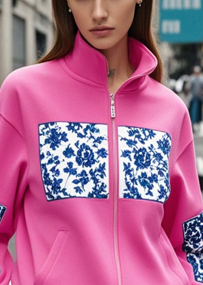 Rose Stand Collar Patchwork Print Cotton Sweatshirt Fall