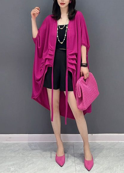 Rose V Neck Button Wrinkled Patchwork Cotton Cardigan Summer
