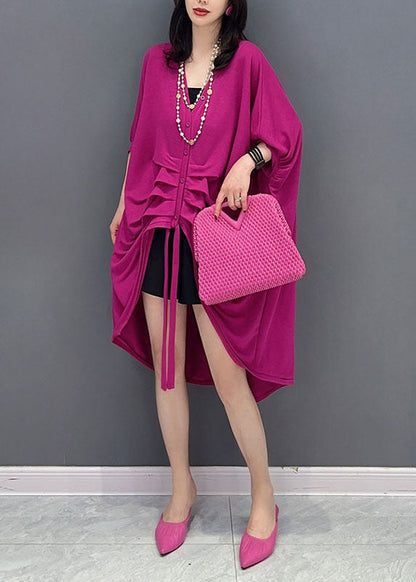 Rose V Neck Button Wrinkled Patchwork Cotton Cardigan Summer