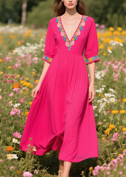 Rose V Neck Patchwork Cotton Ankle Dress Summer