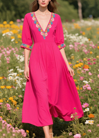 Rose V Neck Patchwork Cotton Ankle Dress Summer