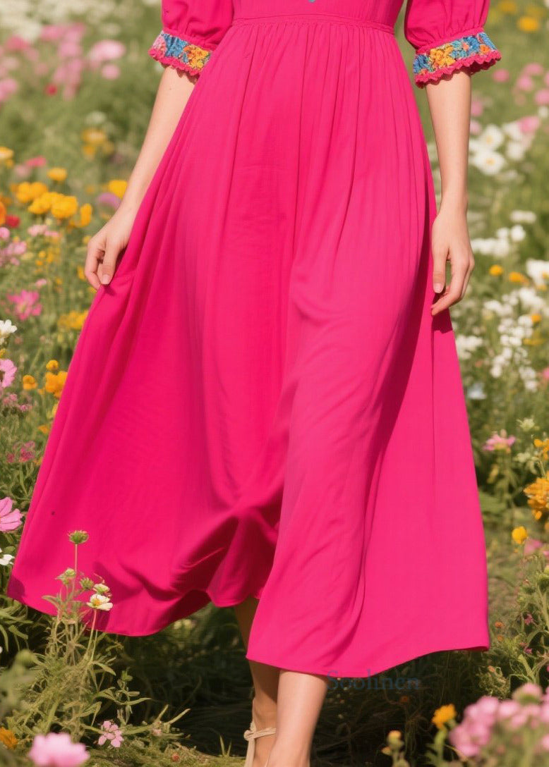 Rose V Neck Patchwork Cotton Ankle Dress Summer