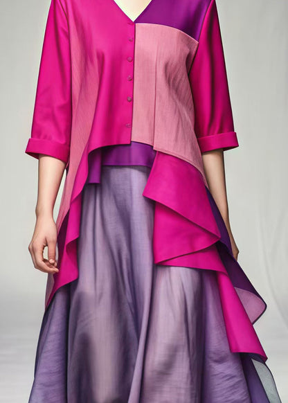 Rose V Neck Patchwork Cotton Vacation Dresses Summer