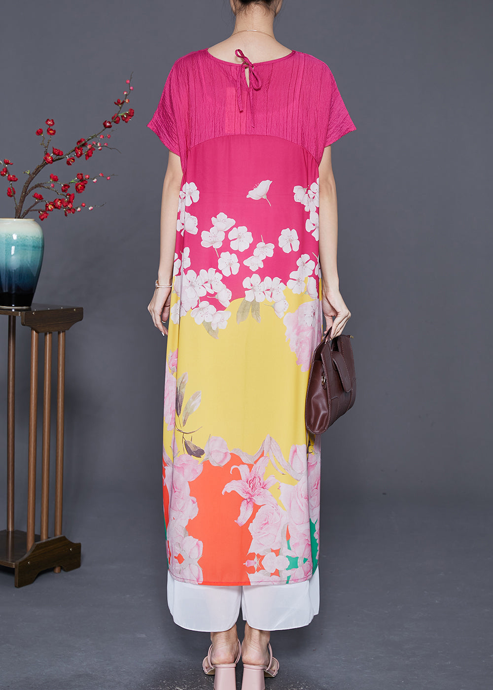 Rose V Neck Patchwork Print Silk Party Dress Summer