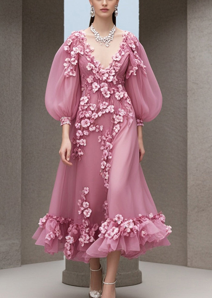 Rose V Neck Three-dimensional Chiffon Dress Fall