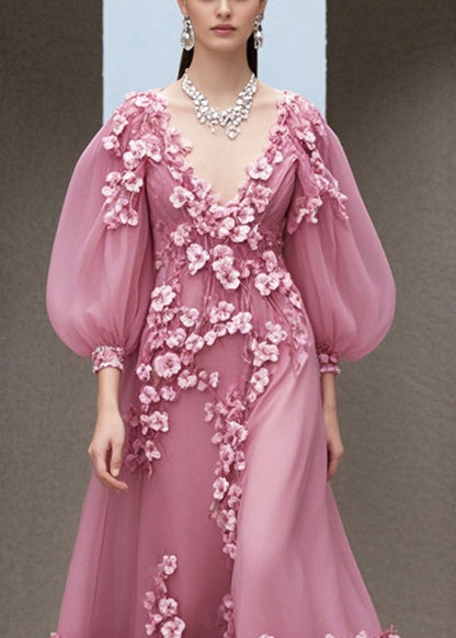 Rose V Neck Three-dimensional Chiffon Dress Fall