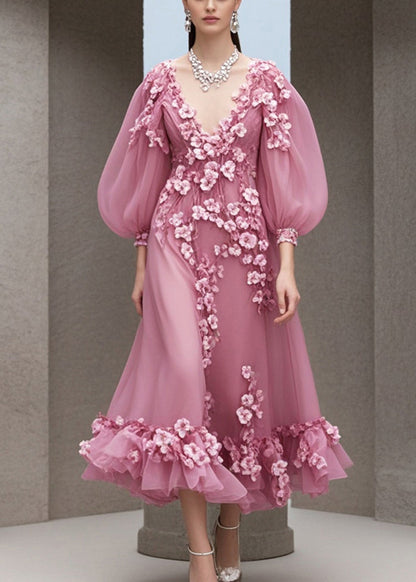 Rose V Neck Three-dimensional Chiffon Dress Fall