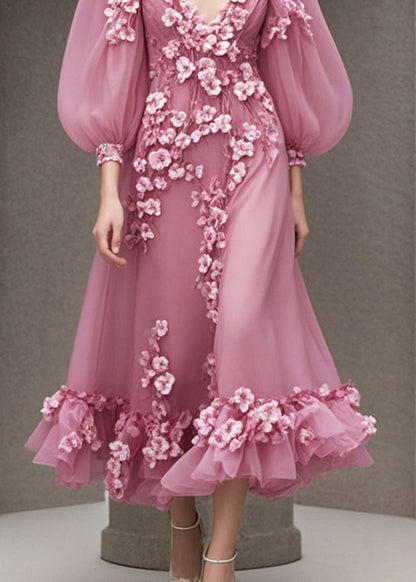 Rose V Neck Three-dimensional Chiffon Dress Fall
