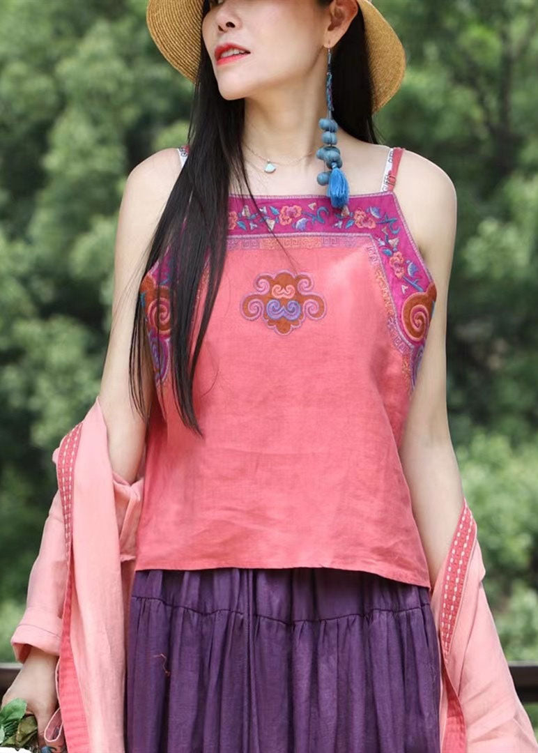 Rose Red Embroideried Patchwork Linen Spaghetti Strap Top Summer
