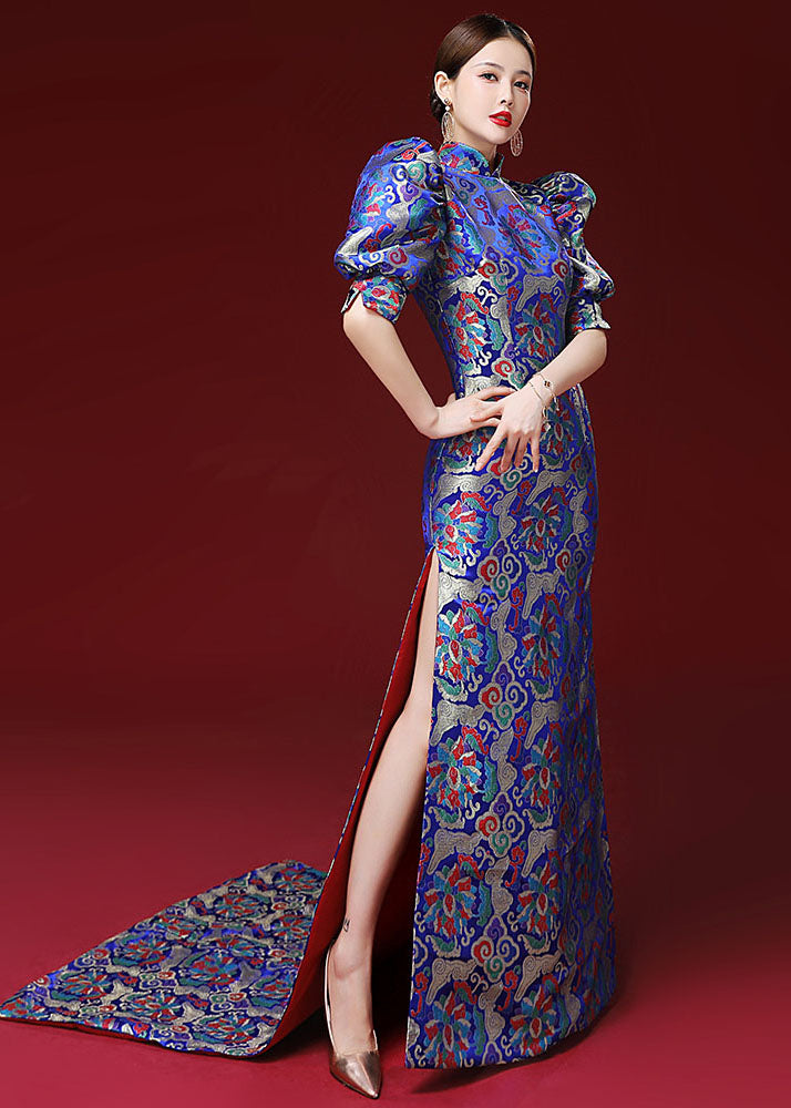 Royal Blue Embroidered Side Open Silk Mopping Maxi Dresses Puff Sleeve