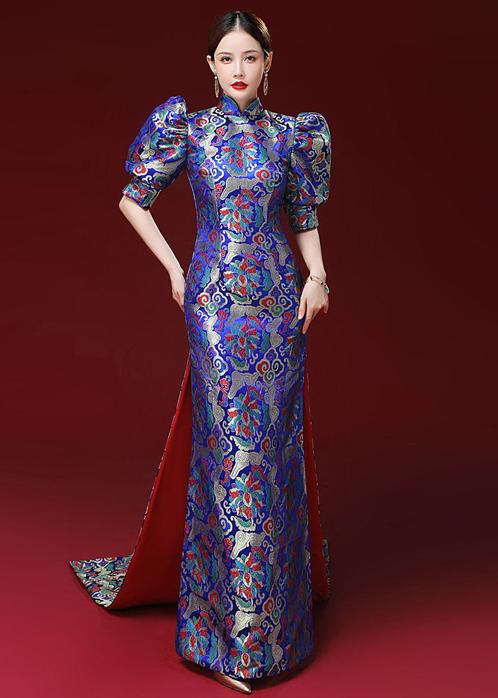 Royal Blue Embroidered Side Open Silk Mopping Maxi Dresses Puff Sleeve