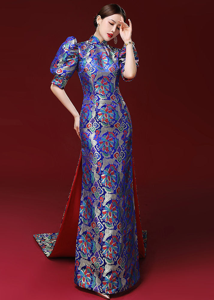 Royal Blue Embroidered Side Open Silk Mopping Maxi Dresses Puff Sleeve