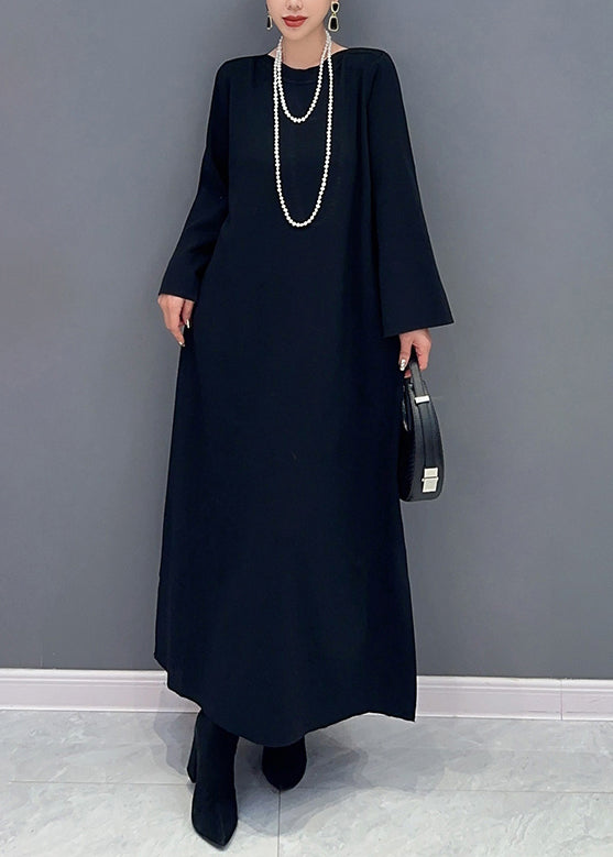 Royal Blue O Neck Side Open Cotton Long Dresses Flare Sleeve