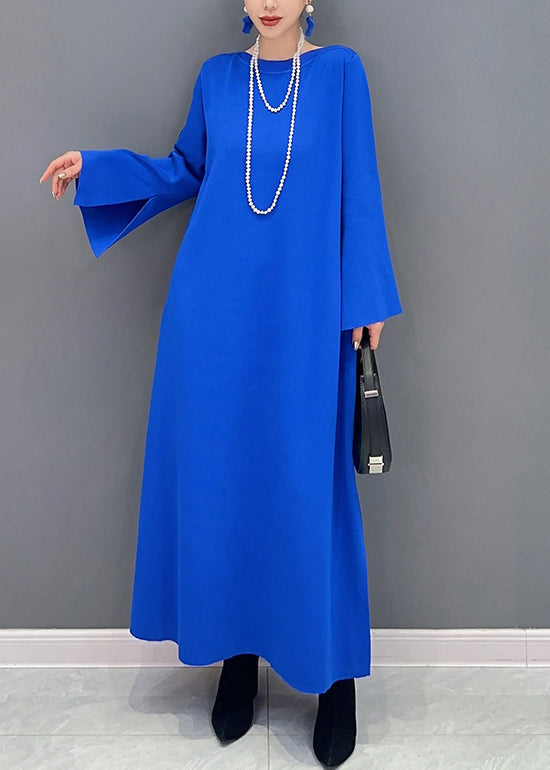 Royal Blue O Neck Side Open Cotton Long Dresses Flare Sleeve