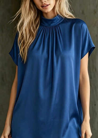 Royal Blue Stand Collar Silk Top Summer