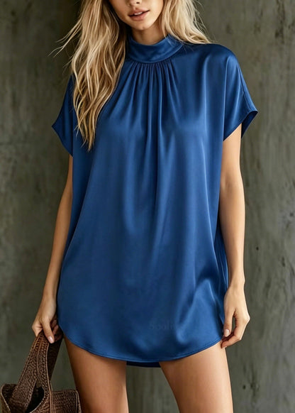 Royal Blue Stand Collar Silk Top Summer