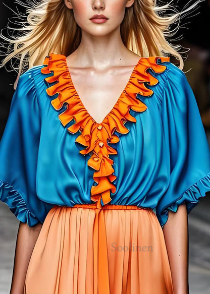 Royal Blue V Neck Ruffled Patchwork Silk Shirts Summer