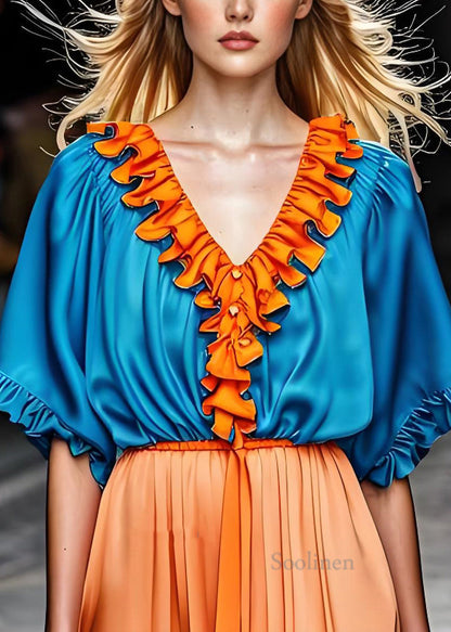 Royal Blue V Neck Ruffled Patchwork Silk Shirts Summer