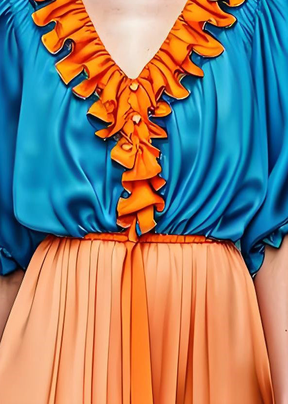 Royal Blue V Neck Ruffled Patchwork Silk Shirts Summer