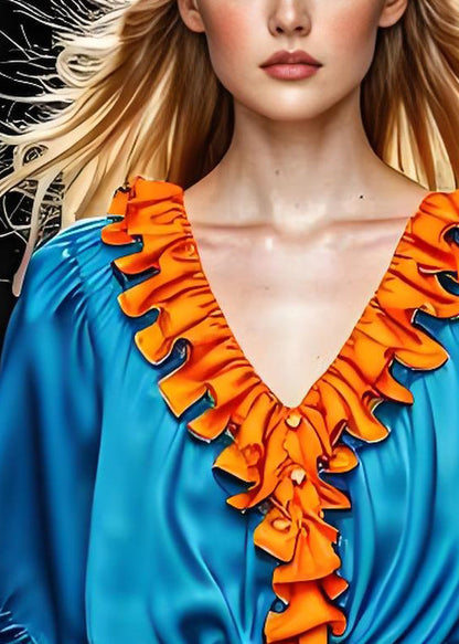 Royal Blue V Neck Ruffled Patchwork Silk Shirts Summer