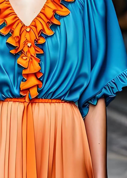 Royal Blue V Neck Ruffled Patchwork Silk Shirts Summer