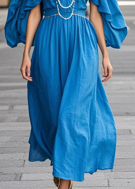 Royal Blue V Neck Wrinkled Cotton Dress Butterfly Sleeve