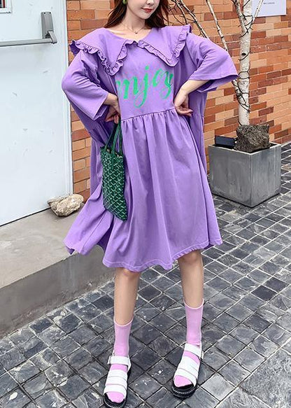 Ruffled Batwing Sleeve Dress Purple Letter Dresses