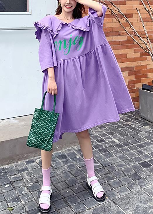 Ruffled Batwing Sleeve Dress Purple Letter Dresses
